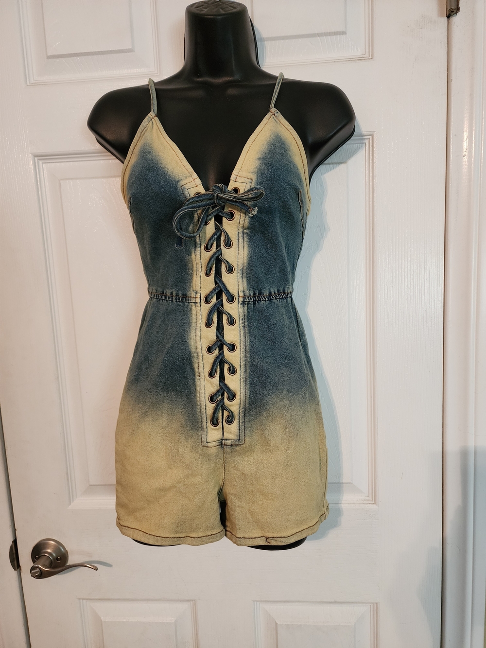 Blue Ombre Faded Denim Lace Up Front Romper - Picture 2 of 4